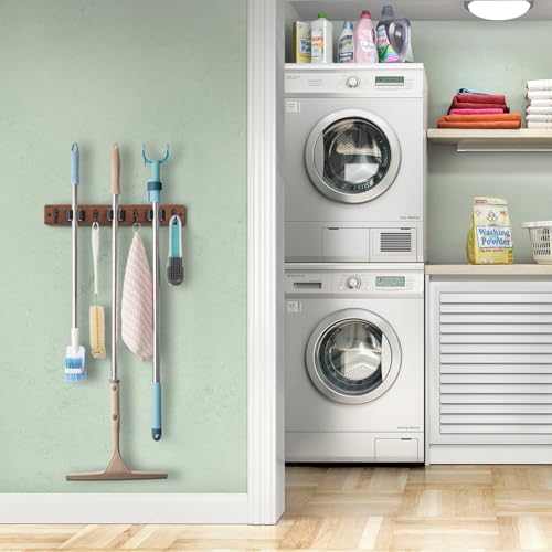 OUTNILI Mop Broom Holder Wall Mount with 3 Slots & 4 Hooks - Wood Broom Mop Hanger for Pantry Kitchen Organization - Garden Tool Organizer for Closet Laundry Room - for Rustic Farmhouse Kitchen Decor - color: Brown-3 Grips, size: 1 Pack