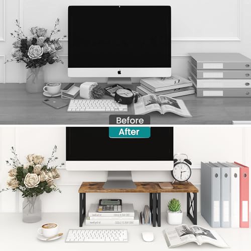 ELITEROO Wood Desktop Shelf, 2 Tier Adjustable Small Bookshelf Organizer, Freestanding Stackable Desk Stand, Storage Organizers, Kitchen Counter Display Rack, Rustic Brown - color: Rustic Brown