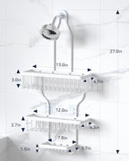 YASONIC Never-Rust Aluminum Hanging Shower Caddy – Over-the-Showerhead Organizer with 10 Hooks for Razor and Sponge – Includes Soap Basket – White - color: White