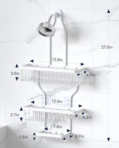YASONIC Never-Rust Aluminum Hanging Shower Caddy – Over-the-Showerhead Organizer with 10 Hooks for Razor and Sponge – Includes Soap Basket – White - color: White