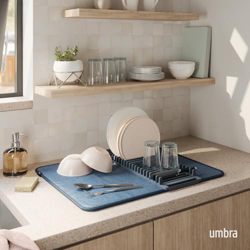 Umbra Udry Dish Rack and Microfiber Drying Mat – Space-Saving Design Folds Up for Easy Storage, Basic Rack, Slate Blue - color: Slate Blue, style: Basic Rack