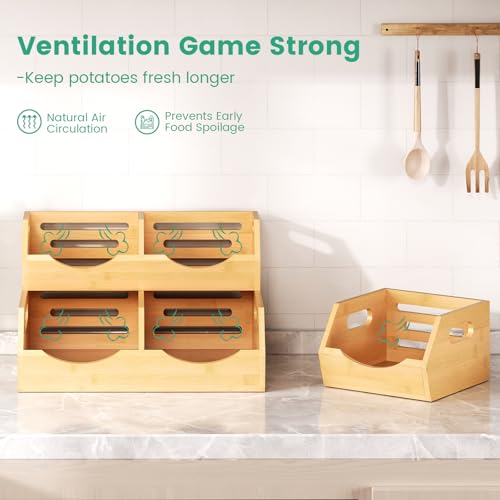 Onion Storage Bins Potato, 3 Tier Bamboo Pantry Storage Bin Stackable Ventilated Kitchen Organizer for Pantry, Countertop, Bathroom, Space-Saving, Easy Access Handle Natural Brown - color: Natural Brown