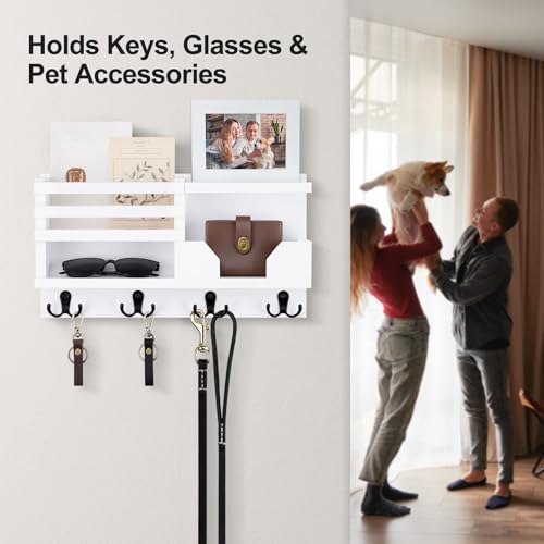 Lwenki Mail and Key Holder for Wall – Decorative 15.9” x 8.7” x 3.2” Entryway Organizer with Shelf – Paulownia Wood with 4 Dual Hooks Includes Mounting Hardware and Installation Guide - color: White