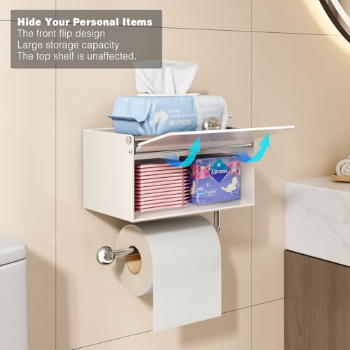 Voldra Toilet Paper Holder with Shelf, Flushable Wipes Dispenser for Bathroom, Adhesive Toilet Paper Roll Holder with Storage Wall Mount Stick On Bathroom Tissue Holder Front Flip Design (Matte White) - color: White, size: Wipes Box