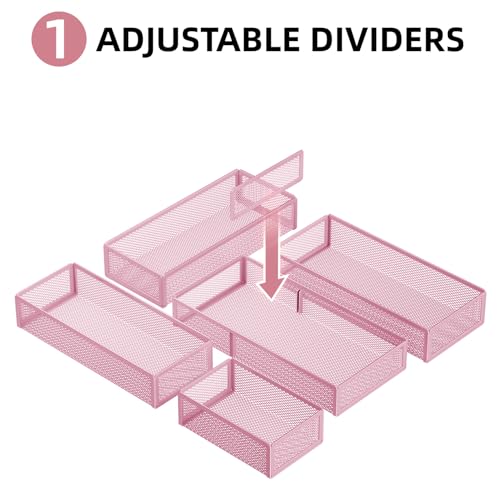 Marbrasse 5 Pack Desk Drawer Organizer Set, Mesh Drawer Storage Trays with 1 Adjustable Divider, Desk Organizers and Accessories, 5 PCS Drawer for Office Supplies, Makeup & Vanity (Pink) - color: Pink