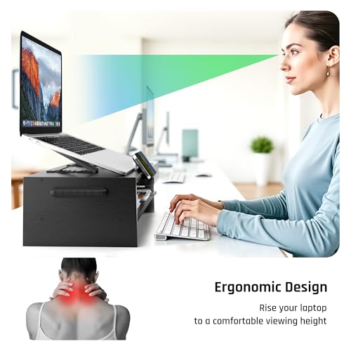 AFOOYO Adjustable Wood Laptop Stand, Ergonomic Height Angles Computer Holder Riser for Desk Compatible with Air, Pro, Dell, HP, Lenovo More 10-17.3" Laptops, Black - color: Black, size: Simple Design