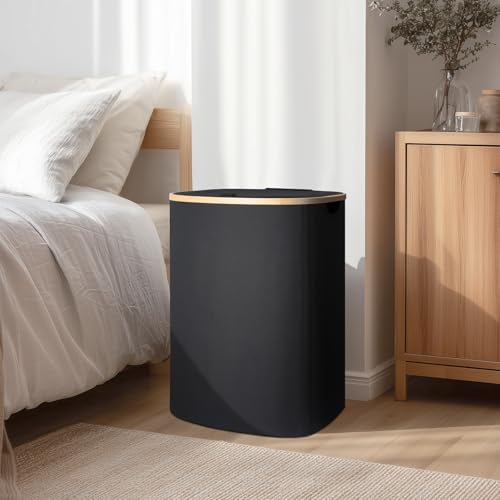 Slim Laundry Basket with Lid, 80L Narrow Laundry Hamper with Removable Bag, Clothes Hampers for Laundry with Bamboo Handles for Bathroom, Bedroom, Dorm & Laundry Room - color: Black, size: 80L