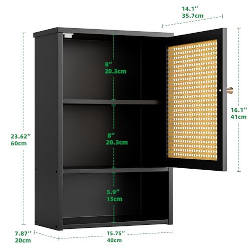 Bathroom Wall Cabinet, Bamboo Over-The-Toilet Storage Organizer with Rattan Doors and Adjustable Shelf, Space Saver Medicine Cabinet for Laundry, Kitchen, Living Room (Black) - color: Black