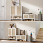 SICOTAS Rattan Shoe Rack Bench with Lift Top Storage: White Farmhouse Boho Shoe Cabinet Entryway Bench with Safety Hinges, Wooden Storage Chest for Bedroom, Entryway, Hallway, Living Room - color: White Cream Oak