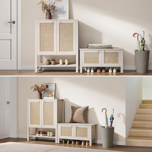 SICOTAS Rattan Shoe Rack Bench with Lift Top Storage: White Farmhouse Boho Shoe Cabinet Entryway Bench with Safety Hinges, Wooden Storage Chest for Bedroom, Entryway, Hallway, Living Room - color: White Cream Oak