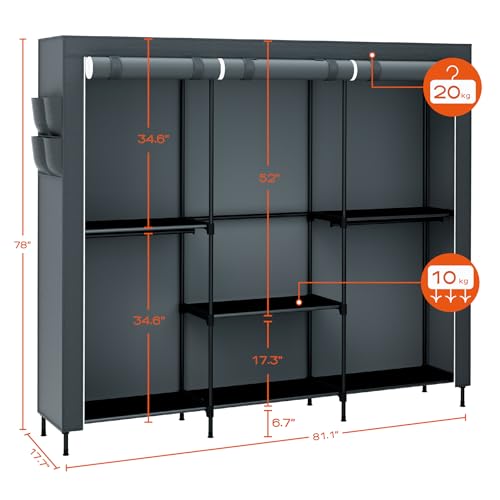 CASAMAYA Clothes Rack, Portable Closet, 81.5 Inch Large Capacity Wardrobe Closet, Clothes Storage Organizer with Shelves and 5 Hanging Rods, Easy to Assembly, Grey PCT136G01 - color: Grey, size: 81.5"L x 17.7"W x 78"H