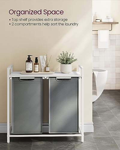 VASAGLE Laundry Hamper, Laundry Basket, Laundry Sorter with 2 Pull-Out and Removable Bags, Shelf, Metal Frame, 2 x 12.1 Gallons (46 L), 28.8 x 13 x 28.4 Inches, Slate Gray and Cloud White UBLH201W11 - color: Slate Gray + Cloud White, size: 2 Bags - 92 L