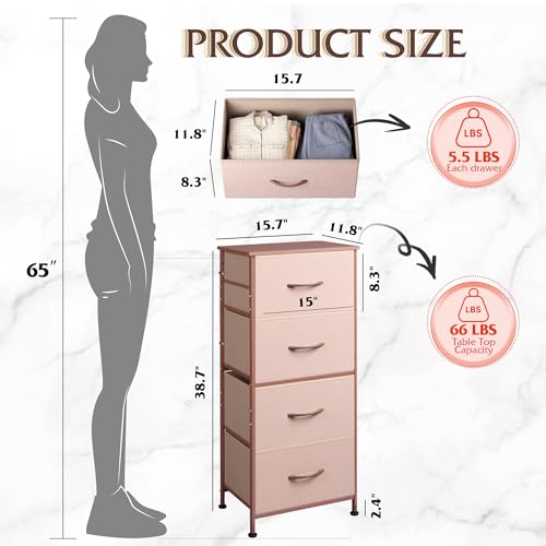 WLIVE 4 Drawers Dresser for Bedroom, Pink Rose Gold Fabric Clothes Storage Organizer Unit, Dresser for Hallway, Entryway, Closets, Sturdy Steel Frame, Wood Top - color: Pink