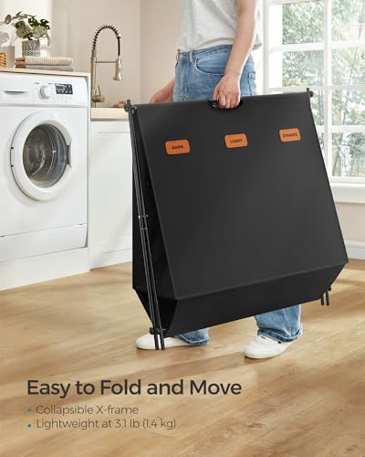 SONGMICS Laundry Hamper, Laundry Basket, 35.7 Gal. Laundry Sorter 3 Sections, Collapsible X-Frame, Clothes Organizer with Customizable Labels, Laundry Room, Bedroom, Bathroom, Ink Black ULCB130B01 - color: Ink Black, size: 135 L