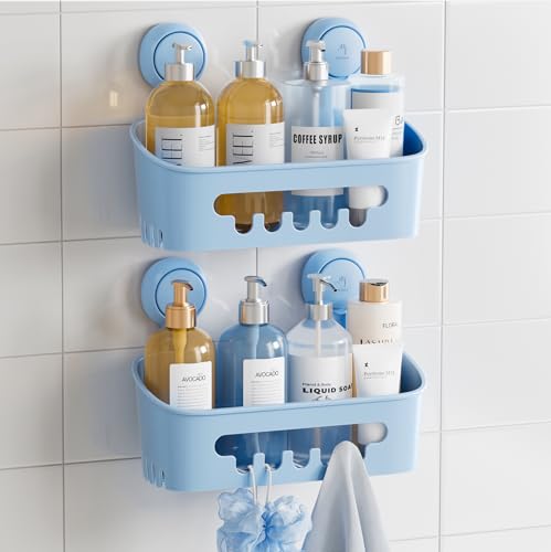 TAILI Shower Caddy Suction Cup 2 Pack, Heavy Duty Bathroom Organizer, Removable Shelves for Inside Shower, Shampoo, Waterproof Suction Plastic Storage for Bathroom Accessories Holder, Blue - style: 2 × Blue