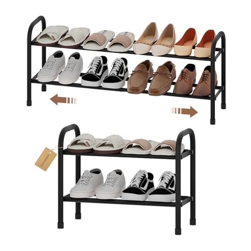 Expandable Shoe Rack, 2-Tier Metal Small Shoe Rack, Adjustable Shoes Organizer, Storage Shelf for Closet, Entryway, Black - color: Black, size: 2-Tier