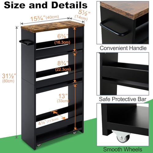 MARTY Rolling Storage Cart 4-Tier Black Kitchen Cart with Wheels, Slim Storage Cart with Handle Slide Out Utility Cart Shelving Unit Organizer Trolley for Laundry Narrow Places Bathroom Small Corner - color: Black, size: 5.51"D x 15.75"W x 31.5"H