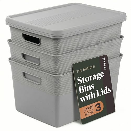 BINO | Plastic Storage Bins with Lids, 22 Liter - 3 Pack, Natural Grey | THE BRAIDED COLLECTION | Plastic Bins for Organization Woven Storage Baskets for Organizing Pantry Shelf Organizer Basket Bin - color: Natural Grey, size: 22L | 3-Pack