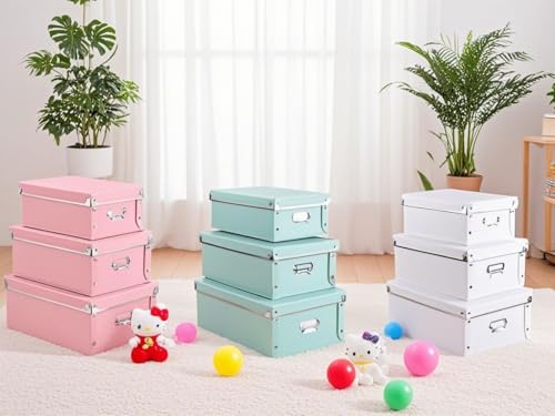 XUCHUN Storage Box with Lid 3 Pack, Collapsible Plastic Storage Bins with Lids, Stackable Foldable Keepsake Box for Photos Office Bedroom, 3 Sizes - Pink - color: Pink
