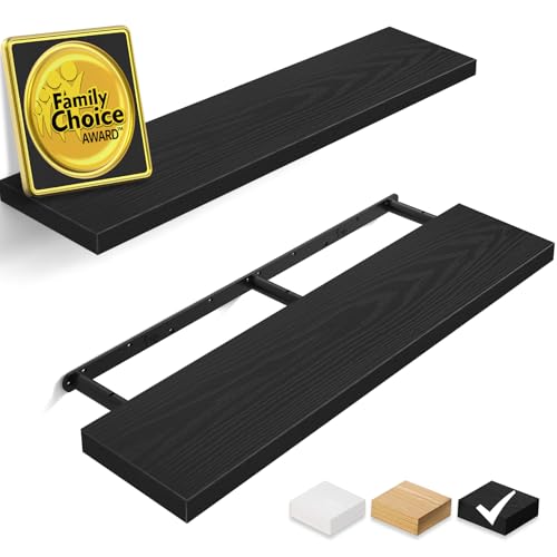 BAYKA Floating Shelves for Wall, 36 inches Long Wall Mounted Rustic Wood Shelves for Bathroom, Bedroom, Living Room, Kitchen, Office, Hanging Shelf for Books/Storage/Decor(Black,Set of 2) - color: A. Black - Universal Classic Style, size: 36inches