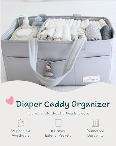 Lily Miles Diaper Caddy Organizer with 8 Pockets, Wipeable Baby Caddy Basket for Diapers and Wipes, Baby Registry Favorites, Nursery Tote Bag for Changing Table or Car (Heather Grey, Large) - color: Heather Grey, size: Large