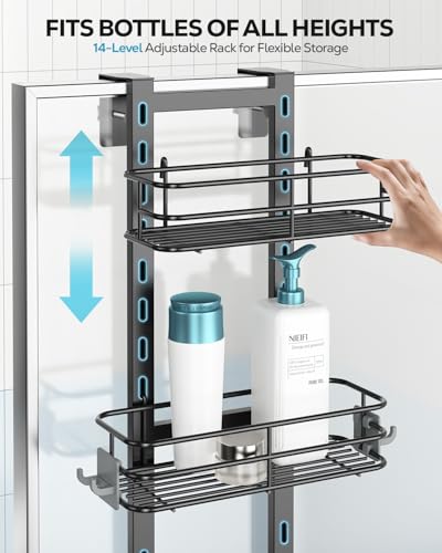 Nieifi Over The Door Shower Caddy Pantry Organizer Rack with Reliable Hooks, Sturdy Hanging Shower Organizer Shelf Basket Storage Rack, Bathroom Shelves Drill Free Extra Large, Black - color: Black - Adjustable
