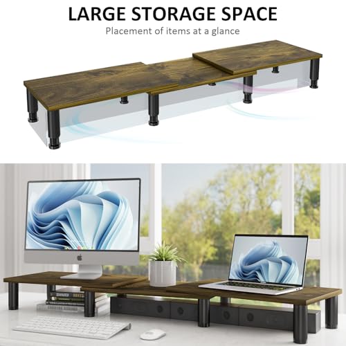 AX WABER Dual Monitor Stand Riser, Monitor Stand with Adjustable Length and Angle, Wood Monitor Stand for Desk, Monitor Riser for 2 Monitors with Storage Space - color: Vintage
