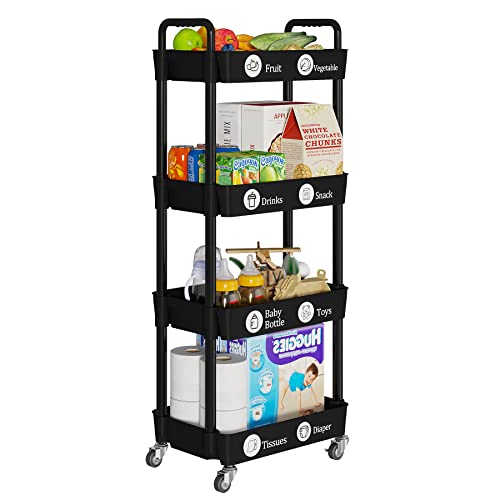 Laiensia 4-Tier Rolling Cart with Wheels,Multifunction Utility Storage Carts, Kitchen Storage Organizer,Mobile Shelving Unit for Bathroom,Laundry,with Classified Stickers,Black - color: Black, size: 4-Tier