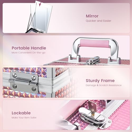 Joligrace Makeup Train Case Makeup Case Organizer Portable Cosmetic Box Storage with 2 Trays Mirror Locking Make Up Travel Case for Nail Kits Cosmetics Craft Traveling Makeup Box Mermaid Pink - color: Beauty Pink