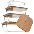 Glass Container Set with Acacia Lids - 4 Stackable Meal Prep Containers. Durable heat resistant Inert Borosilicate Glass - color: 4 Containers with Acacia Lids
