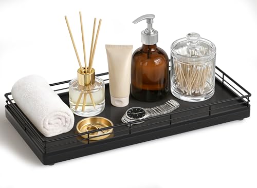 Bathroom Vanity Tray for Countertop, 12" x 6" Oak Wood Toilet Tank Tray with Metal Guardrail, Bathroom Organizer for Soap, Perfume & Skincare, Non-Slip Decorative Tray for Dresser & Vanity, Black - color: Black, size: 12" x 6" x 1.5"