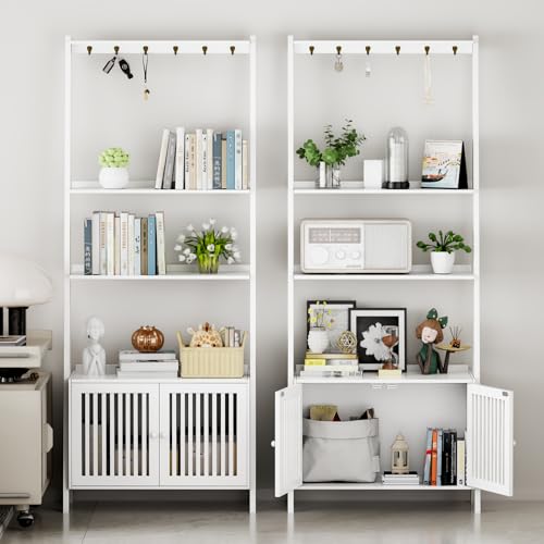 Bookcase with Drawers, 4-Tier Bamboo Bookshelf Ladder Shelf with 6 Hooks, 59.5"H x 24.8"L x 10.6"W, Tall Narrow Freestanding Standing Storage Organizer for Living Room, Office, Bedroom, White - color: 4-tier White