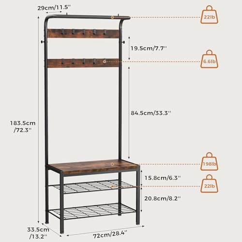 Hall Tree with Bench and Shoe Storage, 4-in-1 Entryway Organizer with 10 Hooks and Storage Shelf,Coat Rack Freestanding with 2-Tier Storage Shelf for Living Room, Bedroom Rustic - color: Rustic