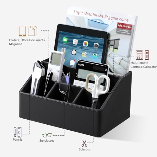 Remote Control Holder with 5 Compartments for Office Art Supplies, PU Leather Nightstand Organizer Pencil Pen Desk Caddy for Home, Desktop TV Remote Control Organizer Storage (Black) - color: Black