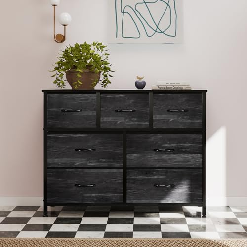 OLIXIS 7 Drawers Dresser for Bedroom, Fabric Storage Tower for Living Room, Entryway - Sturdy Steel Frame, Wooden Top and Easy Pull Fabric Bins, Closet Chests Organizer for Clothes,Black Wood Grain - color: Black Wood Grain, size: 11.8"D x 39.4"W x 30"H (