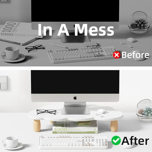 AFOOYO Monitor Stand Riser,Cloud Shape Wood Computer Monitor Stand, 16.5IN Monitor Stand Riser, Multi-Purpose Desktop Organizer Riser for Computer,Laptop,Printer,TV,White - color: White, size: Cloud