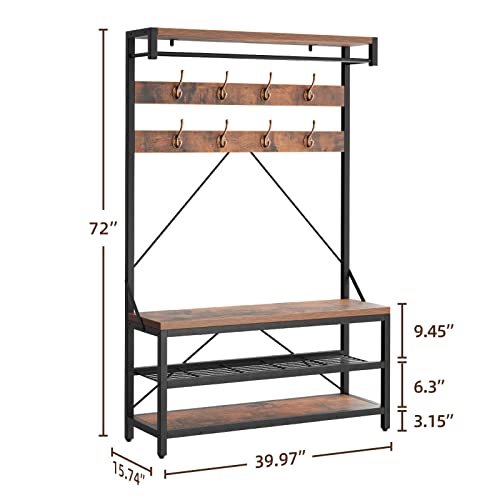 IDEALHOUSE Coat Rack Shoe Bench Industrial Hall Tree Storage Bench for Entryway Wood Look Accent Large Shoe Rack with Storage Shelf Hanging Bar,8 Hooks Grey 39.9"x15.7"x72" - color: Brown