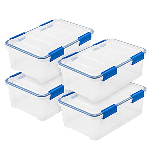 IRIS USA 16 Qt Storage Box with Airtight Seal, 4 Pack - BPA-Free, Made in USA - Heavy Duty Moving Containers with Tight Latch Gasket Lid, Weather Proof Tote Bin, WEATHERPRO - Clear/Blue - size: 16 Qt. - 4 Pack