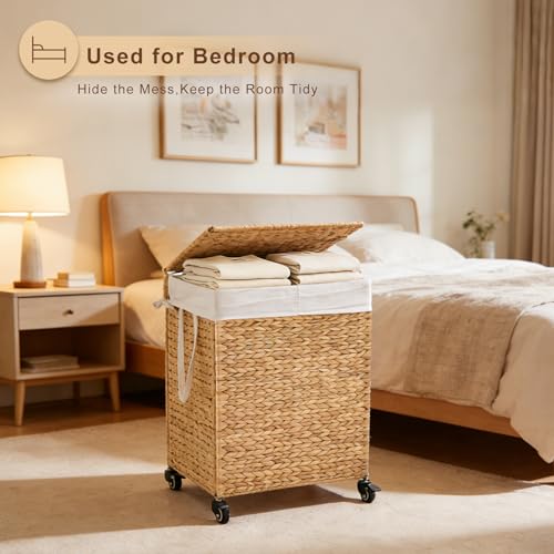 2-Section Laundry Hamper with Lid, Large Capacity Woven Natural Water Hyacinth Laundry Sorter with Removable Liners, Rolling or Non-Slip Design for Bedroom(Natural, 100L) - color: Natural, size: 2-Section
