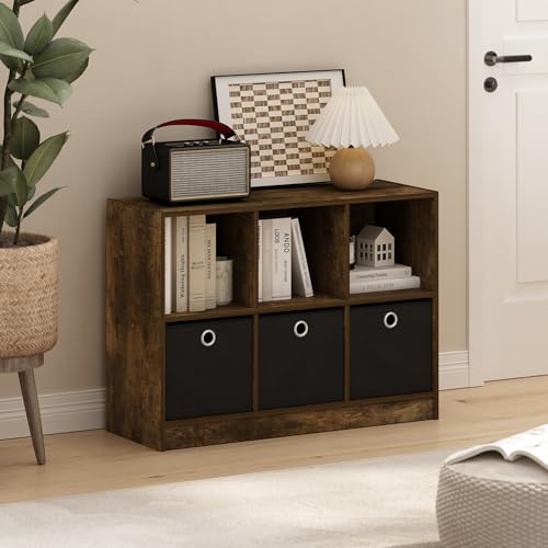 Furinno Basic Book Shelf, 6-Cube Bookshelf with Open Shelf, 3 x 2 Bookcase with Storage Bins, Closed Back, Horizontal, 11.9 x 31.6 x 23.6, for Living Room, Bedroom, Home Office, Amber Pine - color: Amber Pine/Black, size: 6-Cube with Bin