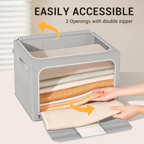 Clothes Storage Bins with Metal Frame Foldable Storage Box Clothes Organizers Storage Containers for Clothes Sheets Blankets Books Toys Gifts and Holiday Decorations (66Lx3 Pack) - color: Light gray, size: 66L（19.7“X15.7"X13"）