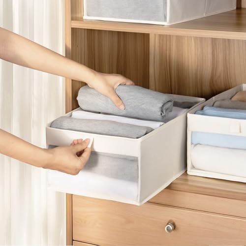 STORAGE MANIAC 4 Pack Storage Bins with Clear Window, Storage Boxes for Shelves, Sturdy Foldable Closet Organization Fabric Shelf Basket for Toy, Towel, Book, Jeans, Offices, Dorm, Wardrobe, Beige - color: Beige, size: 4 Pack