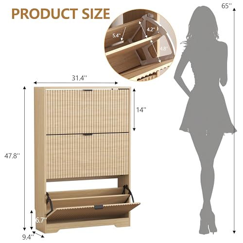 HUANLEGO Shoe Cabinet Storage for Entryway with 3 Flip Drawers, Oak Fluted Shoe Cabinet with Adjustable Shelves, Wooden Hidden Shoe Rack Freestanding Narrow Slim Shoes Storage for Hallway, Entrance - color: Oak, size: 3 Drawer