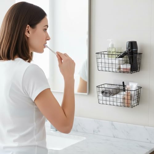 3 Set LeleCAT Adhesive Over the Cabinet Door Wire Baskets for Organizing for Kitchen Food Pantry Bathroom Shelf Storage No Drilling Wall Mounted,Black - color: Black, size: 3 PACK