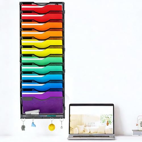 Gawerk Hanging Wall File Organizer with 5 Hooks - Wall Mounted Mail Paper Document Folder Holder, Sturdy Mesh Magazine Rack for Office Home (12+1 Tier) - size: 12+1 Tier