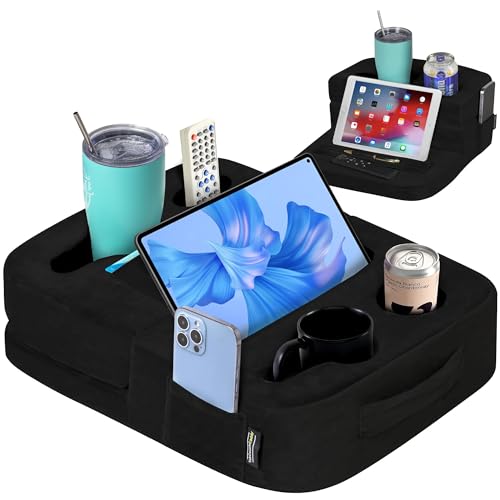TabCouchCaddy - Couch Cup Holder Tray Pillow - Bed, Couch Caddy, Sofa, RV & Car - Holds Drinks, Snacks, Remotes, Phones, Kindle, Tablet | Bed Cup Holder (Black) - color: Black
