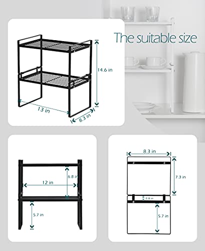 Shantton 2 Pack Kitchen Cabinet Shelf Counter Organizer Rack Pantry Storage Bathroom Bedroom Office Table Desk Space Saving Steel Frame Stackable Rust Resistant Non Slip Black - color: Black, size: L13" W8.3" H7.3"