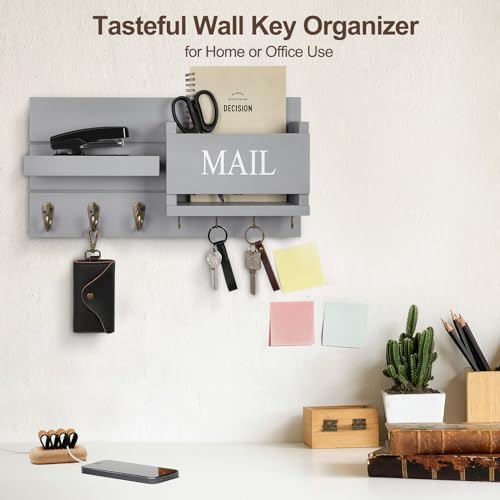 Lwenki Mail Organizer for Wall Mount – Key Holder with Shelf Includes Letter Holder and Hooks for Hallway Farmhouse Decor – Rustic Wood with Flush Mounting Hardware (16.5” x 9.1” x 3.4”) (Gray) - color: Gray