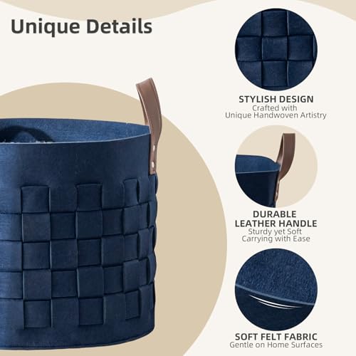 BOLDMONKEY Blankets Basket 15" x15 " x13 " 2 Pack, Felt Storage Baskets for Organizing Round, Living Room Dog Toy Bin for Dirty Clothes, Pillows, Towel-Navy Blue - color: Navy Blue