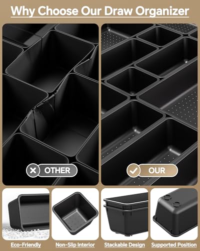 KEMETHY 25 PCS Plastic Drawer Organizers Set, 4 Sizes Vanity Organizer, Makeup and Desk Drawer Organizer Trays, Organization and Storage for Makeup, Bathroom, Kitchen Utensils and Office (Black) - color: Black